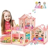 deAO Dollhouse, Puppenhaus Spielzeug-Set, Rosa Villa doll house mit 3 Zimmer, 2 Etagen,...