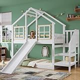 Gegtuon Kinderbett Bett 90x200 für Kinder, Hochbett mit Offenen Treppe Stauraum & Rutsche, Holzbett...