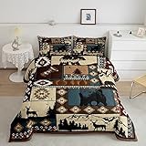 Bettwäsche-Set mit Hirsch und Bär, Wildtiere, Doppelbett, exotischer Stil, Patchwork, kariert,...