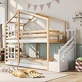 FEZTOY Hochbett mit Treppe & Schubladen, Etagenbett Stockbett für 2 Kinder mit Rausfallschutz und 2...
