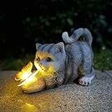 Katzenfigur Garten Deko Katze Gartendeko Schmetterlinge Solarlampen für Außen Balkon...