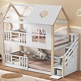 FEZTOY Kinderbett Etagenbett 90 x 200, Hausbett für 2 Kinder, Hochbett mit Lattenrost, Treppe und...