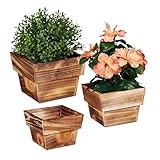 Relaxdays Blumentopf im 3er Set, geflammtes Holz, für außen & innen, viereckig, Deko für...