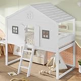 Merax Hochbett 90x200cm, Kinderbett Etagenbett mit Sicherheitsleiter, Rausfallschutz & Lattenrost,...