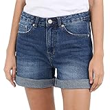 Damen Denim Kurz Vintage Hohe Taille gefalteter Saum Jeans Shorts Mom Bermuda - Blau - 46 DE/32W