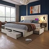 RIAZOS Doppelbett Bettanlage 180 x 200 cm mit 2X Nachtkommoden & 4 Schubladen, Kopfteil mit LED &...