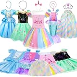 WIKITOT Prinzessin Kleid Mädchen, 5 Set Prinzess Kostüm Mädchen mit Prinzessin Krone, Prinzessi...
