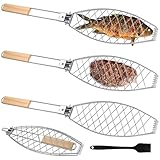 3er Set Fischbräter, 63x12cm Fisch Grillhalter mit Holzgriff, Faltbar Fischhalter zum Grillen mit...