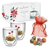 HerzensWahl Teeblumen Geschenkset | 6x Teeblumen, 2x Teetassen & Geschenkbox | Erblühtee | Teerosen...