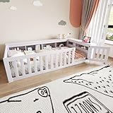 Kinderbett Bodenbett 90 x 200 cm mit Stauraum, reichlich Staufächern, Rundum-Sicherheitsschutz mit...