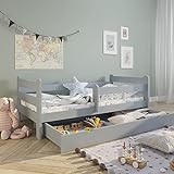 Kinderbett Jugendbett 80x160 cm mit Rausfallschutz | Voll-Holz inkl. Lattenrost & Schublade in grau...