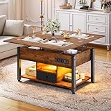 YITAHOME Couchtisch mit Höhenverstellbarer, 4-in-1-Multifunktions-Couchtisch mit Stauraum und LED...