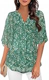 Boikey Bluse Damen 3/4 Ärmel mit V-Ausschnitt Elegant Kurzarm Tunika Sommer Mesh Shirt Doppellagige...