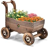 FANTASK Holz Blumenwagen mit Rädern und Griff, Pflanzwagen mit Abflussloch, Rustikaler Pflanzkarre...