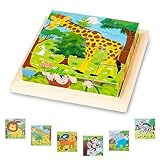 Bilderwürfel Holz, Holzpuzzle 3D Würfelpuzzle Puzzlespiele 6 in 1 Tier-Motive für Kinder ab 1 2 3...