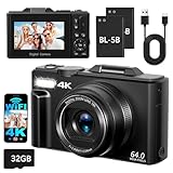 4K Digitalkamera mit WLAN, 180° Flip Screen Autofokus 64MP Vlogging Fotoapparat mit Selfie, WiFi...