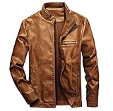 WULFUL Herren Stehkragen Lederjacke Motorrad Leichte Kunstleder Outwear X-Large Braun