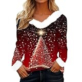 Pullover Weihnachten, Weihnachtsshirt Damen Langarm V-Ausschnitt Weihnachts Tshirt Sweatshirt mit...