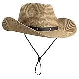 Shapeable Fedora Panama Hat Womens Straw Cowboy Hat Floppy Beach Sun Hat Wide Birm, Khaki, Medium