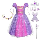 Pollen Prinzessin Kleid Mädchen, Prinzessin Kostüm Kinder Kleid 7-teiliges Set mit Krone Diadem...