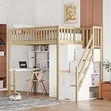 xixiworkshop Hochbett 90x200cm mit Schreibtisch/Kleiderschrank/Stauraum Treppen, Bett für Mädchen...
