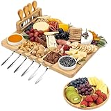 Kicinn Servierplatte aus Bambus – 35 x 28 cm Käseplatte Set mit 2 Dip-Schälchen, 4 Käsemessern,...