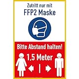 1x Schild FFP2 Maskenpflicht Schilder Abstand Halten FFP2 Mund- und Nasenschutz tragen Hinweis 1,5...