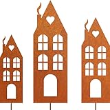 JYUECIAN Häuser Gartenstecker 3er Rost Deko für Garten, Edelrost Metall Haus Roststecker Rostdeko...
