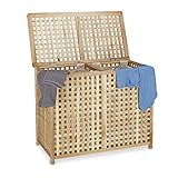 Relaxdays Wäschesammler Duo Walnuss, breite Wäschetruhe, 2 Wäschesäcke, Doppel Wäschebox HBT 68...