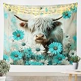 jejeloiu Highland Cow Tapisserie, Gänseblümchen, Hochlandrinder, Wandbehang, klein, 129,5 x 149,9...