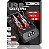 kraftmax BC-2000 USB Akku Ladegerät für 18650 | 26650 | 14500 | 16340 | CR123 | 3,7V Lithium und...