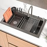 Intelligence Waterfall Basin Kitchen Sink, Single Bowl Workstation Spüle 304 Edelstahl 13-teiliges...