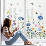 wondever Fenstersticker Garten Blumen Fenster Aufkleber Kolibri Blau Blumen Schmetterling...