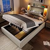 TOBIDOEN Polsterbett Einzelbett 90x200 cm, Funktionales Kopfteil mit Hochklappbarem Staufach,...