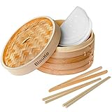 Bambusdämpfer (Bamboo Steamer) - 25cm mit 2 Etagen Bambus Dampfkörbe mit Deckel - 2 Paar...