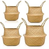 Qunclay 4 Stück gewebte Seegraskörbe, Bauchkorb, faltbar, Boho, natürlicher Pflanztopf mit...