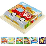 Würfelpuzzle Holz, 6 in 1 Verkehr-Motive Holzpuzzle, 3D Bilderwürfel Puzzlespiele für Kinder ab 1...