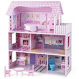 COSTWAY Puppenhaus aus Holz, Puppenstube mit Möbeln und Zubehör, Große Puppenvilla 3 Etagen,...