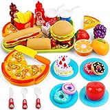 Hanmulee Pretend Play Food, 33-teiliges Schneidespielzeug mit Pizza, Hamburger, Kuchen und Früchte,...