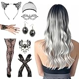 Lvefyti 11 Stück Perücke Halloween Damen, Cosplay Kostüm Set mit Ombre Silber Grau Lang Lockig...