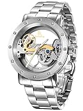 Alienwork IK Automatikuhr Armbanduhr Herren Damen Silber Edelstahl Metallarmband Skelett Glasboden