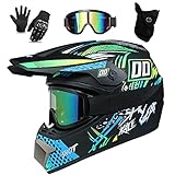 UIGJIOG Kinder Motocross Helm, MTB Fullface Helm Dirt Bike Integral Motorradhelm Set Für Jungen...