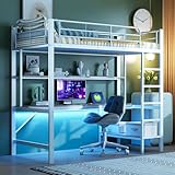 MQGPM Mettalbett Hochbett 90x200 cm mit Schreibtisch, Etagenbett mit Regalen und Stauraum,...