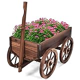 GOPLUS Blumenkasten mit Wagenrad, Pflanzkasten aus Massivholz, Hochbeet mit Griff, Blumentrögen mit...