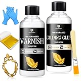 Blattgold Kleber Set - 200ml Wasserbasierter Kleber & Schutzlack mit Pinsel, 100 Blattgold-Stücke...