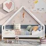 Gelukueub Hausbett Kinderbett 90x200cm mit Rausfallschutz Spielbett Jugendbett Massivholz in (Weiß)