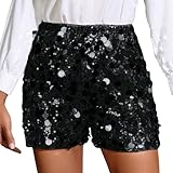 Reithose Damen Pailletten Shorts Damen Glitzer Kurz Hose Hohe Taille Kordelzug Glitzerkleid Metallic...
