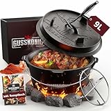 GUSSKÖNIG Dutch Oven Set [9L ] - Eingebrannter Feuertopf mit praktischem Deckelheber und Edelstahl...