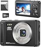 Digitalkamera 4K FHD Vlogging, kompakte Kamera mit 64 MP mit 16-fachem Digitalzoom, wiederaufladbar...