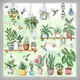 wondever Fenstersticker Grüne Topfpflanze Fenster Aufkleber Hängende Pflanzen Blätter Vögel...
